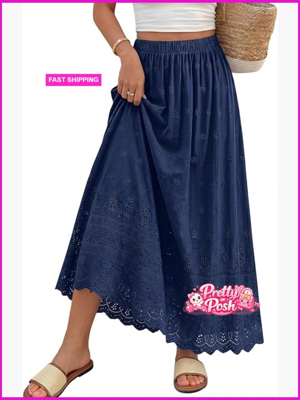 Women's Eyelet Cotton High Waist A-Line Maxi Skirt Flowy Ruffle Hem